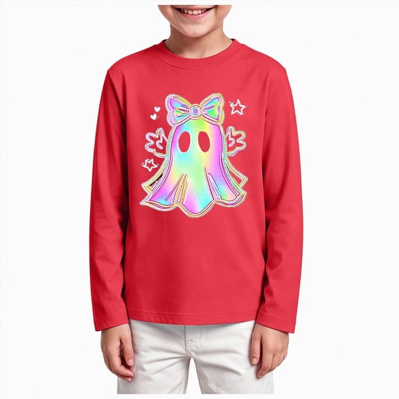KPOPLK Halloween Shirts for Kids Boys Girls Ghost Tshirt Long Sleeve Funny Tee Tops Toddler Halloween Tshirt(9-10 Years,Red)