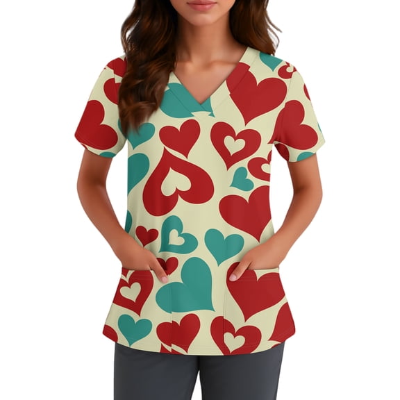 Womens Valentine's Day Scrub Tops V Neck Short Sleeve Tops Cute Heart Printed Plus Size Nursing Uniforms Valentine's Day Cartoon Pattern Scrub Tops with Pockets