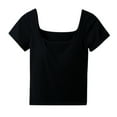 thumbnail image 2 of QUNYINEY Pullover Tops for Women Solid Short Sleeve Square Neck Casual Shirts Loose Ribbed Shirts for Women, 2 of 3