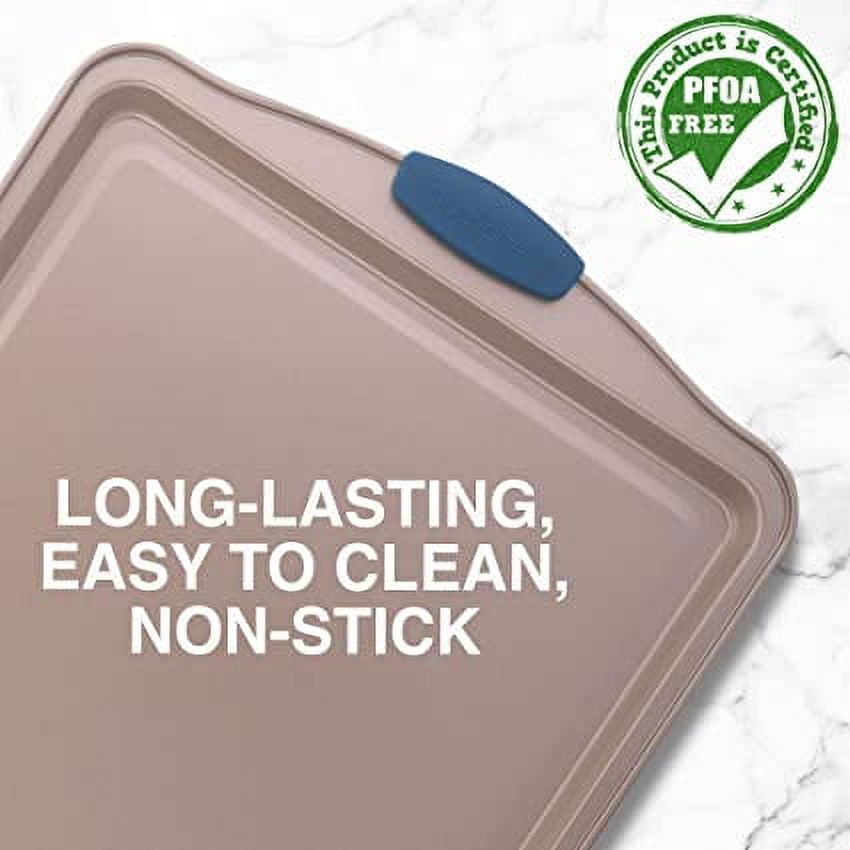 NutriChef 17” Non-Stick Baking Pan, Large Gold Cookie Sheet with Blue Silicone Handles, (Gold)