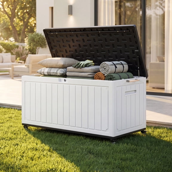 Uforic 90 Gallon Lockable Outdoor Storage Deck Box, Waterproof Resin Bin with Wheels, White&Black