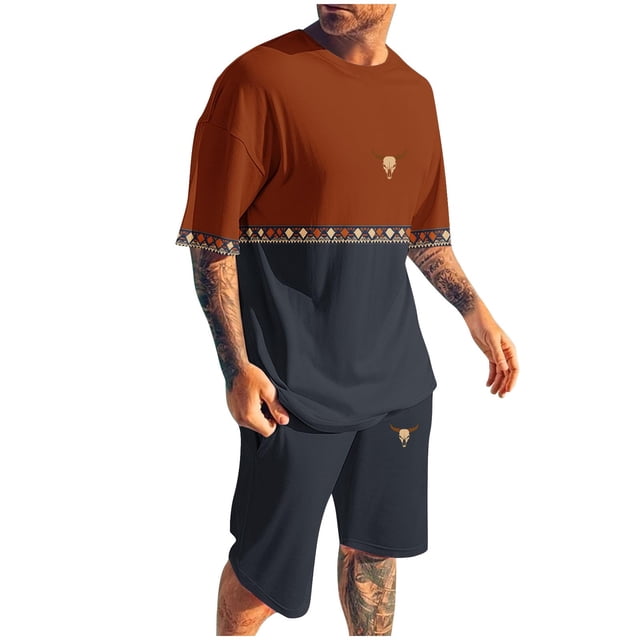 Pantalones Elásticos de la Cintura de los Hombres de la Impresión de los Pantalones Cortos Delgados Deportivos, Cuello Redondo de la Blusa de Manga Corta