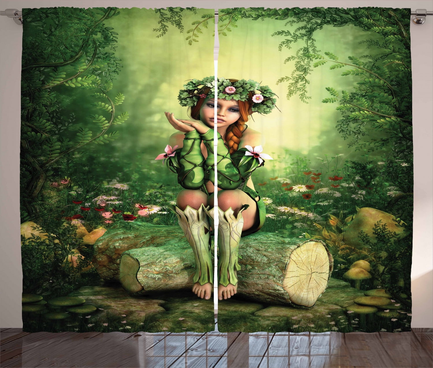 Fairy Curtains 2 Panels Set, Computer Art Elf Girl with Wreath on Her Head Sitting on a Tree