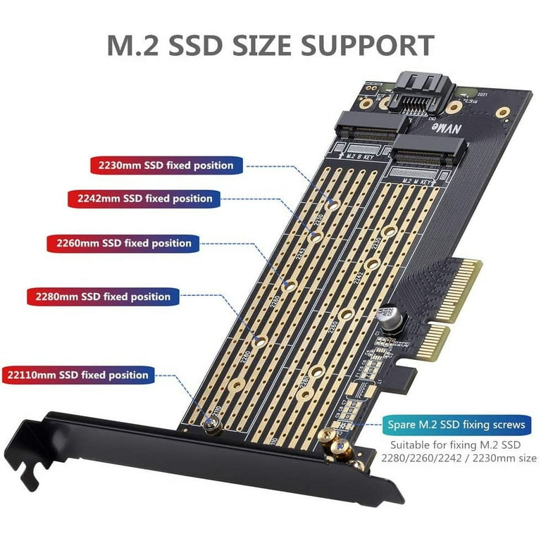 Dual M.2 PCIE Adapter for SATA or PCIE NVMe SSD with Advanced Heat Sink  Solution,M.2 SSD NVME (m Key) and SATA (b Key) 22110 2280 2260 2242 2230 to