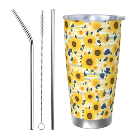 

KLL Navy Blue Leaf Sunflower Print 40oz Stainless Steel Insulated Car Cup with Spillproof Lid - Keep Your Drink Hot or Cold on the Go-Straw Three-piece Set