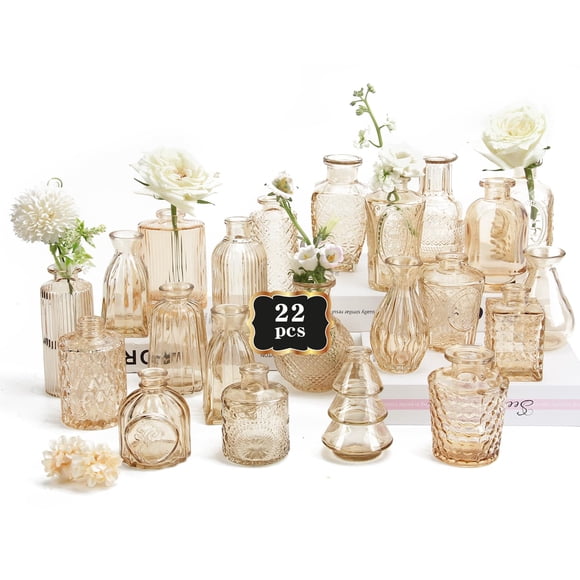 Set de 22 jarrones con forma de capullos en forma de flor, cristal dorado, estilo vintage
