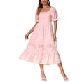 thumbnail image 2 of VESTIDO FLORAL TEXTURIZADO FLUIDO MIDI DE INSPIRE CHIC PARA MUJERES, CON MANGA CORTA ABULLONADA Y CUELLO CUADRADO FRUNCIDO, TALLA M, ROSA CLARO, 2 of 5