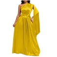 thumbnail image 4 of IROINNID Sales Fall Dress for Women Semi Formal Evenning Party Empire Dress Versatile Daily Life Solid Color Single Shoulder Pleated Long Skirt With Sloping Collar And Waist Up Dress,Yellow, 4 of 6