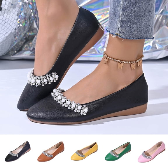 Miluxas Women's Ballet Flats Rhinestones Wedding Ballerina Shoes Foldable Sparkly Comfort Slip on Flat Shoes Yellow 9.5(43)