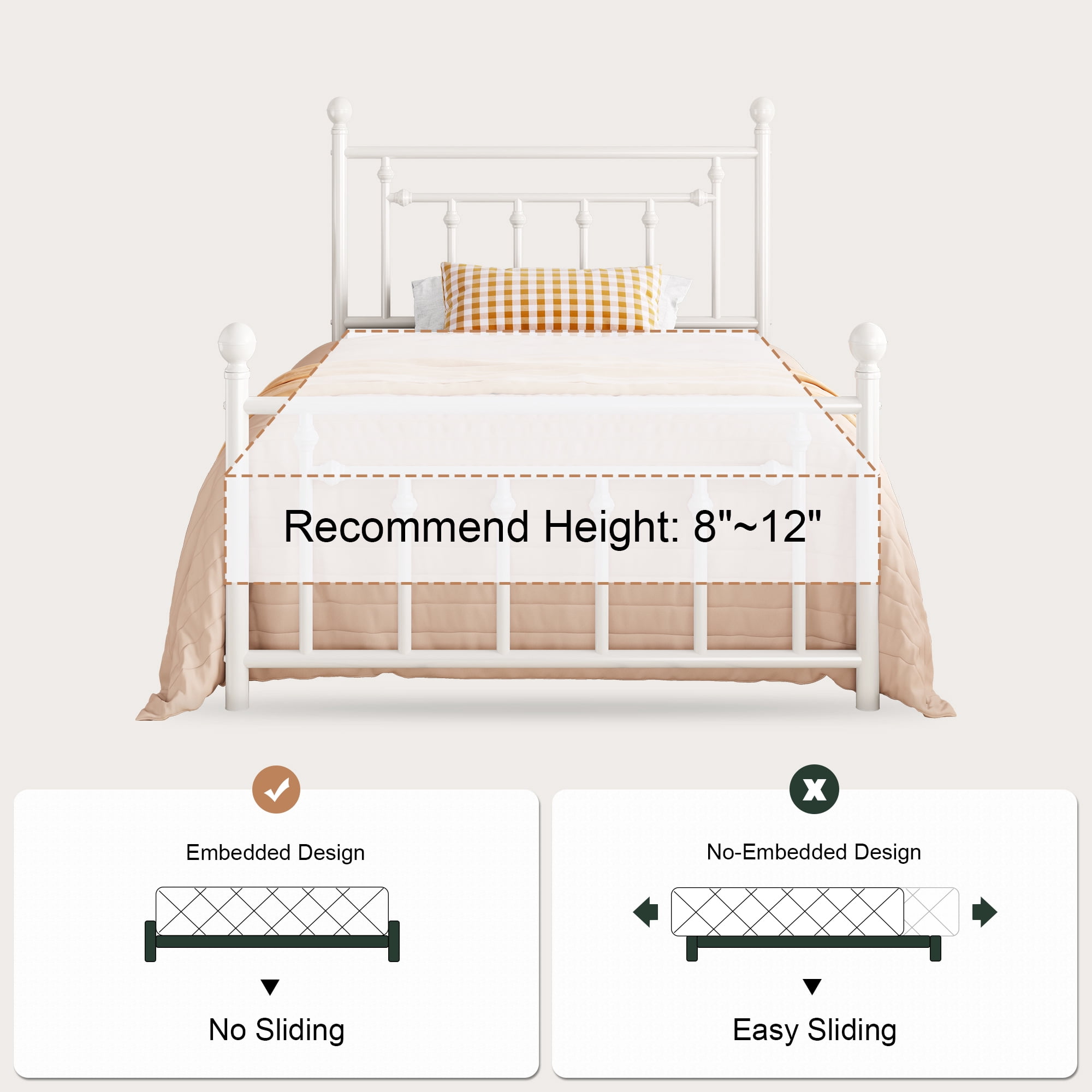 Amolife Twin Bed Frame, Metal Platform Bed with Vintage Headboard & No Box Spring Needed, White