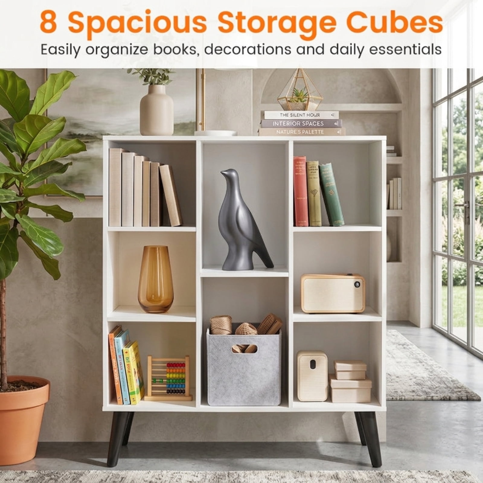 Furnibear 8-Cube Bookcase with Raised Support Legs and Anti-Tipping Kits Freestanding Wood Storage for Living Room and Study, White