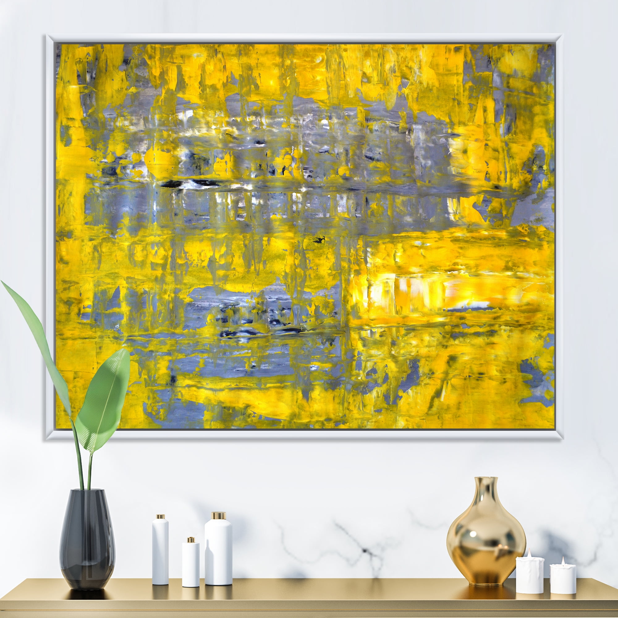 Designart 'Grey Meets Yellow Abstract Art I' Modern Framed Canvas Wall Art Print