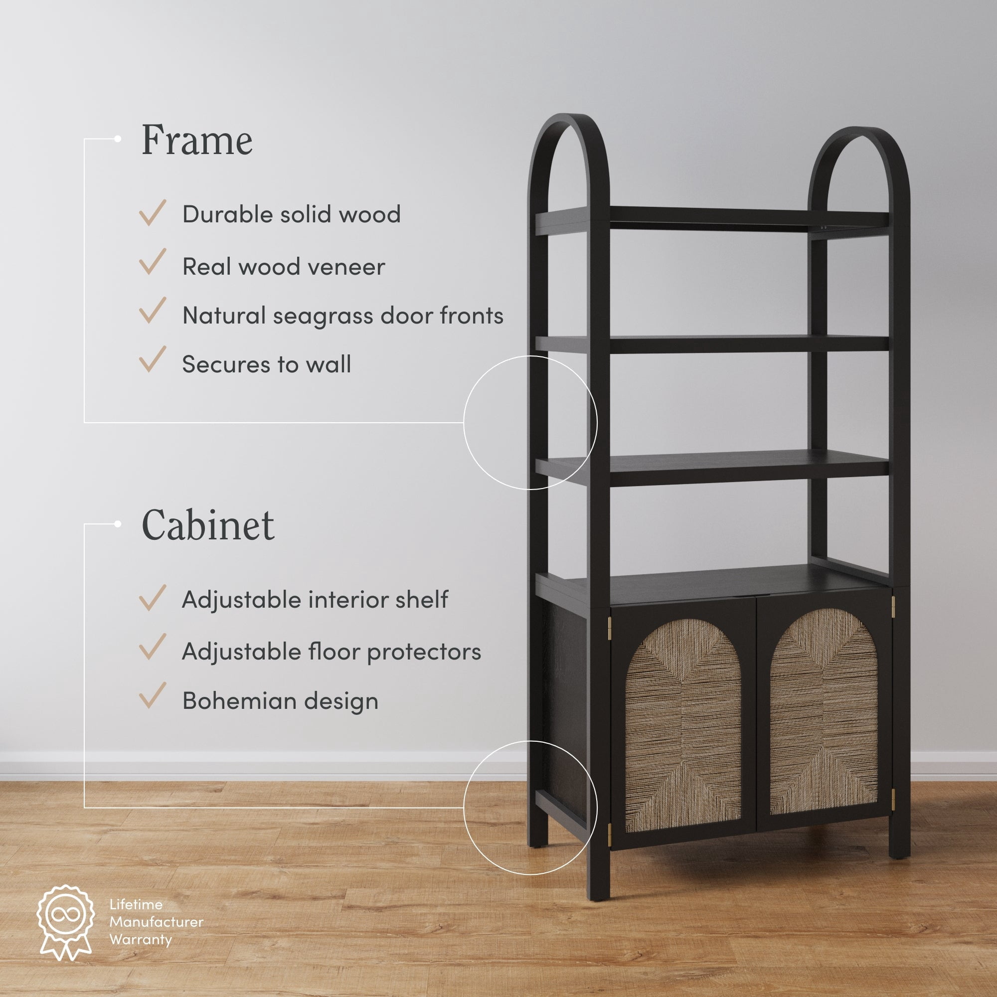 Nathan James Leah Bohemian Arched Bookcase, 3-Tier Bookshelf with Storage Cabinet Base, Seagrass Door Fronts and Solid Wood Frame, Black/Seagrass