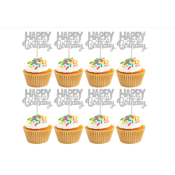 Happy Birthday Cupcake Toppers, Silver Glitter, 10 Pack, Birthday Party Cake Decorations for Kids, Boys, Girls, Baby Shower
