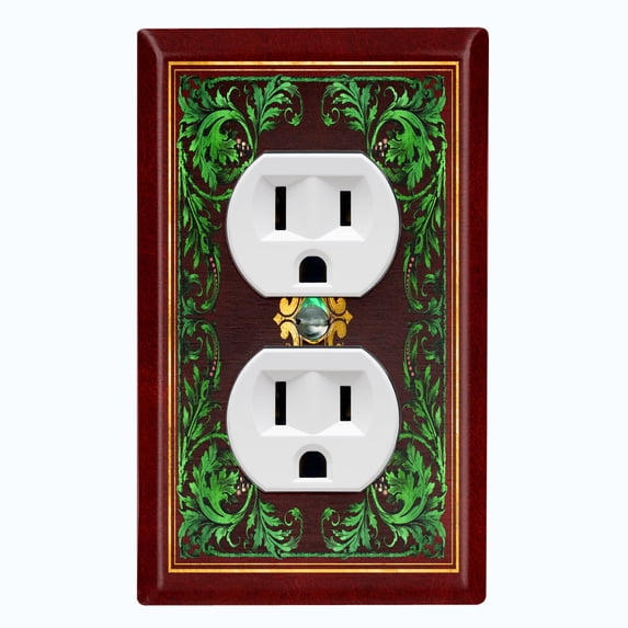 Metal Light Switch Plate Cover Elegant Maroon Green Leaf Damask Frame FRA027