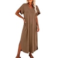 thumbnail image 2 of Tqcoqu Women's V Neck Short Sleeve Side Slit Loose Maxi Casual Dresses with Pockets,Coffee Women's S-XXL, 2 of 9