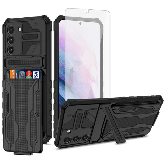 Phone Case for Samsung Galaxy S21 Plus Glaxay S21  5G with Tempered Glass Screen Protector Cover and Card Holder Stand Cell Accessories Gaxaly S21 5G S21plus 21S   S 21 21  G5 Women Men Black