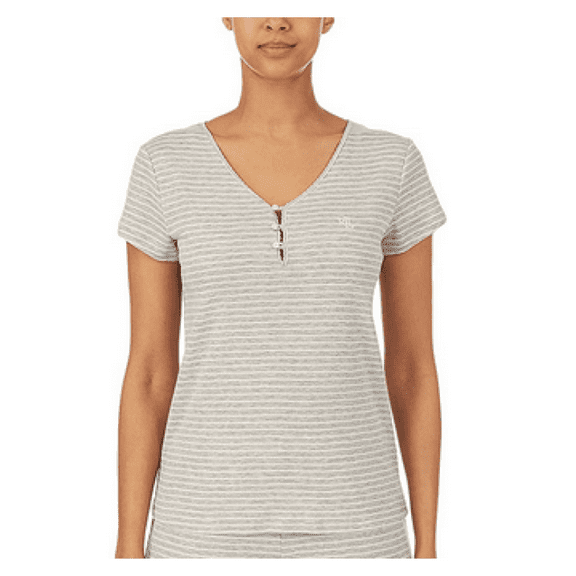 LAUREN RALPH LAUREN Short Sleeve Scallop V-Neck, Grey Stripe, S
