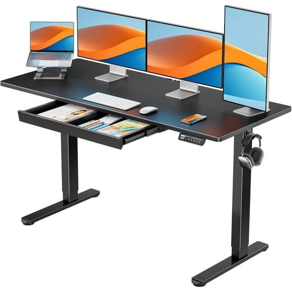 ErGear 55" x 24" Electric Standing Desk with Drawers, Height Adjustable Desk with 4 Preset Heights, Ergonomic Rising Home Office Computer Table with Splice Board, Black