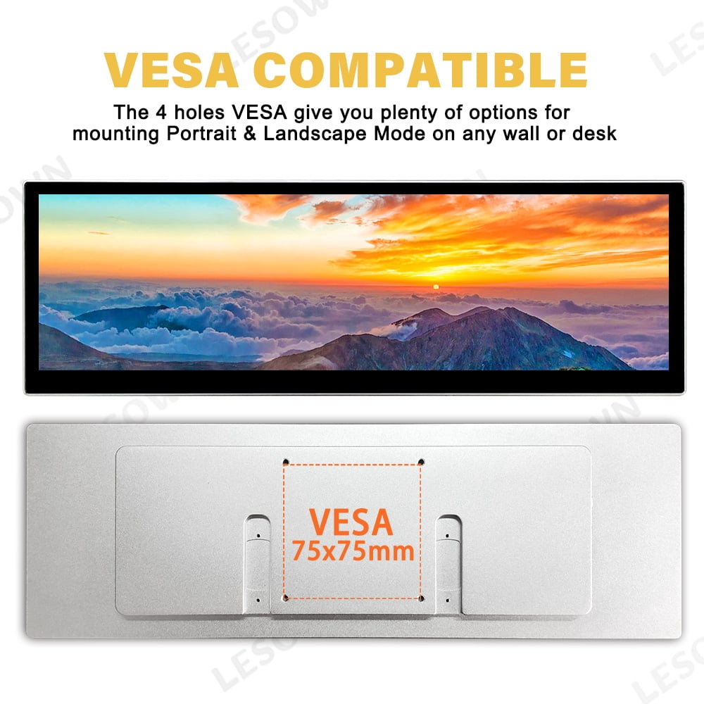 LESOWN 2.5K 14.5-inch Portable Monitor HDMI Dual Type-C Long Strip Touchscreen 2560×720 IPS 10-point Touch Stereo Speakers Laptop Secondary Screen for Raspberry Pi 5 Windows 11 Linux Plug & Play