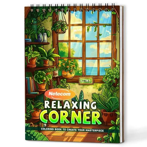 Netecom Relaxing Corner Coloring Book Spiral Bound For Adults, A5 Wooden Cover, 30 Beautiful Coloring Pages of Calming Scenes for Stress Relief and Relaxation