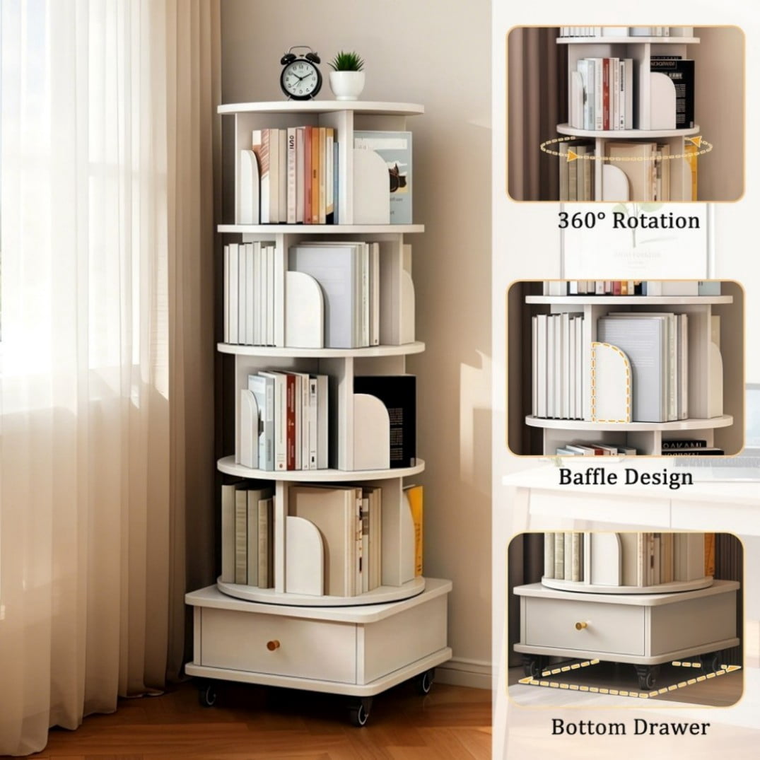 4-Tier Rotating Bookshelf with Wheels, 360° Spinning Bookcase Tower with Drawer & Wraparound Baffles, Space-Saving Storage Shelf, Warm White