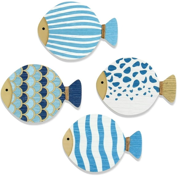 4PCS Vintage Beach Wall Decor Wooden Fish Nautical Wall Art Coastal Wall Art Blue Fish Wall Sculpture Lake House Hanging Decor Ocean Room Decor for Bathroom Bedroom
