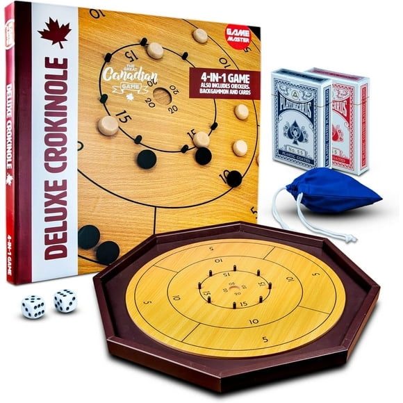 Tradeopia 4-in-1 Deluxe Crokinole Board Game Set, Chess, Checkers and Backgammon Board