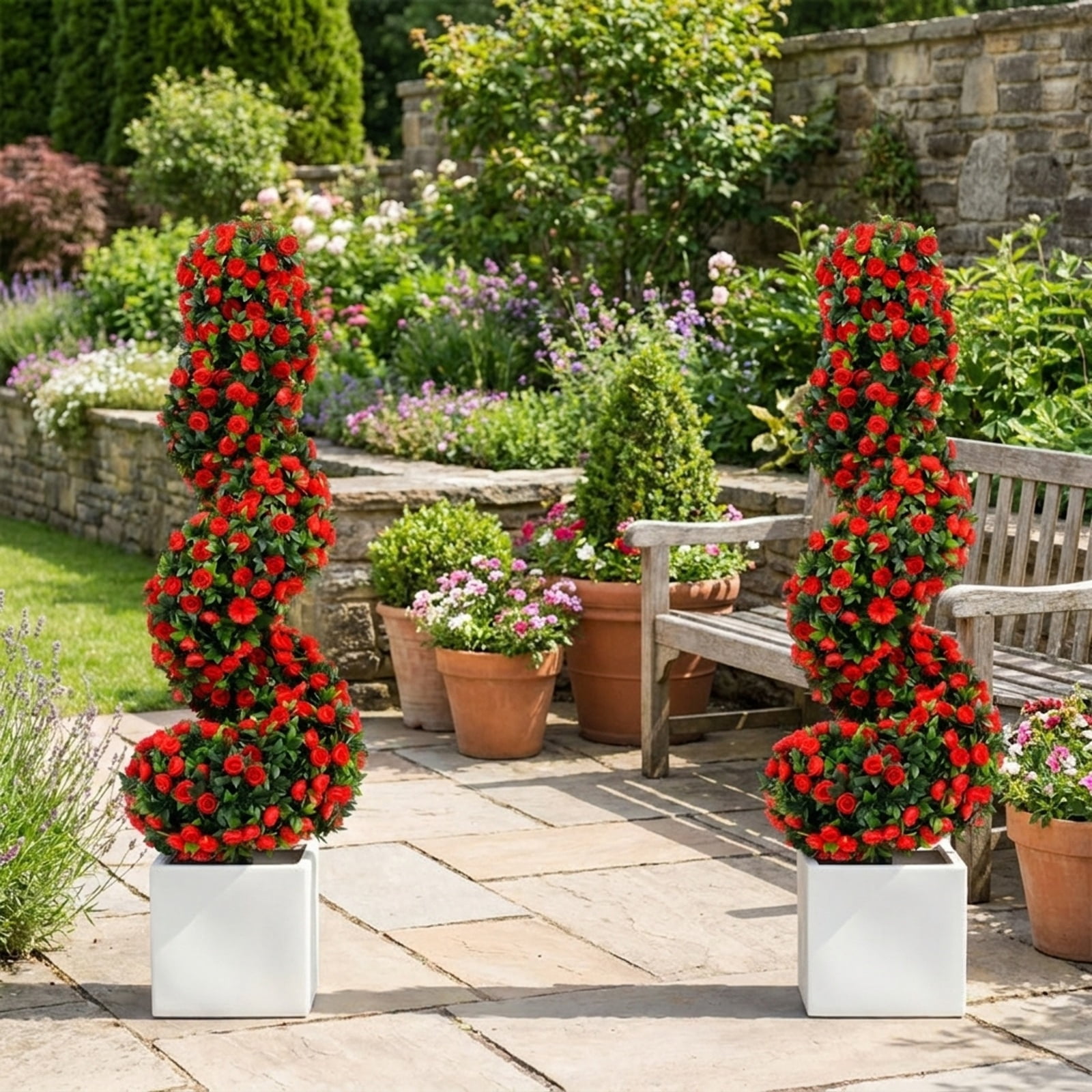 Vebreda Artificial Plant Decor, Set of 2 Artificial Spiral Topiary Trees with Sun Protection and Ground Spikes, Lifelike & Chic Design