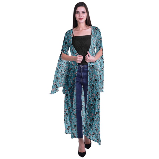 Moomaya Viscose Georgette Printed Long Shrug Slit Sleeves Cardigans For Women