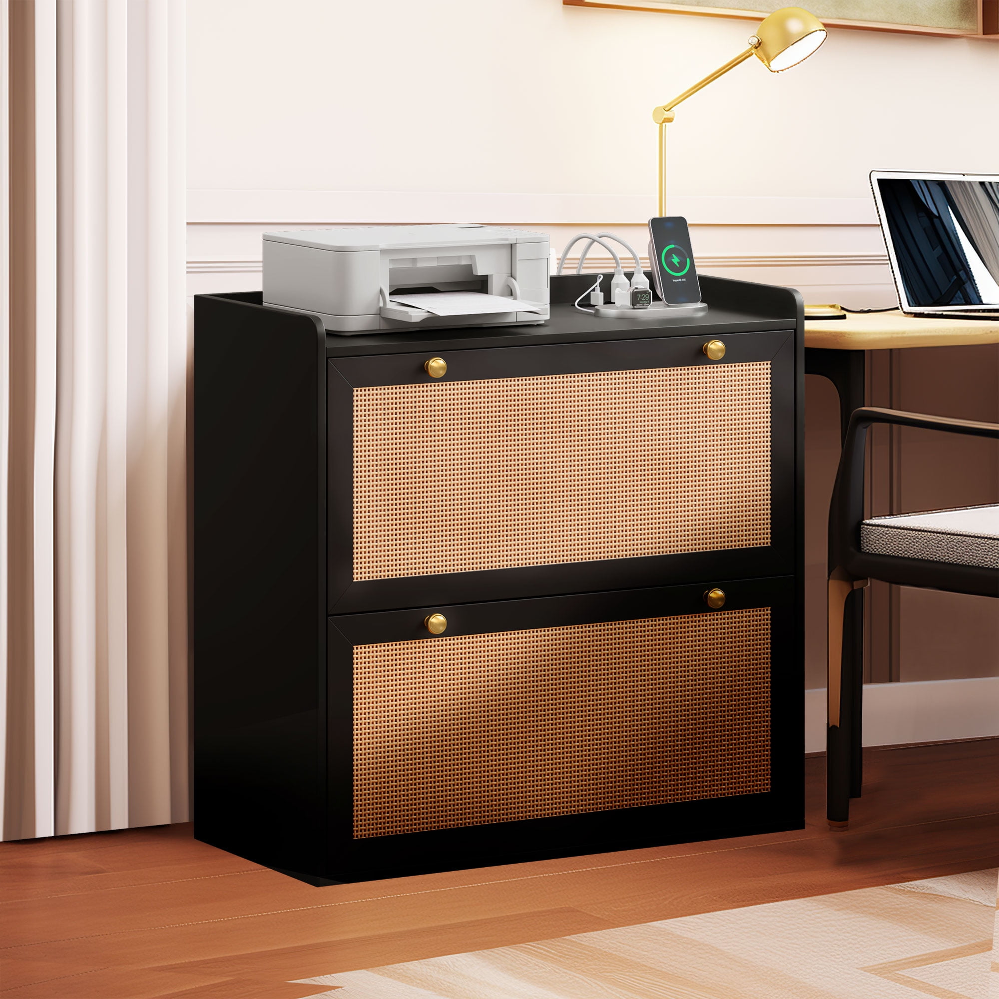 Dextrus Rattan 2 Drawer File Cabinet with Charging Station, Lateral Wood Filing Cabinet Printer Stand Fits A4 Letter Legal Size Files, Black