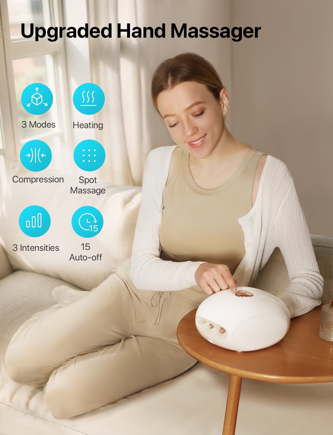 ALLJOY Cordless Hand Massager with Heat, Rechargeable Finger Massager, 3 Compression Levels, Ideal Gift for Loved Ones, White