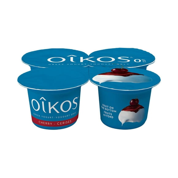 Oikos Fat Free Greek Yogurt, Cherry Flavour, Fruit on the Bottom, 0% M.F., 4 x 100g Greek Yogurt Cups