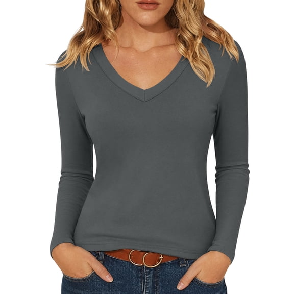 MYAOYINo Boundaries Womens Long Sleeve V Neck Top Solid Color Fitted T Shirt