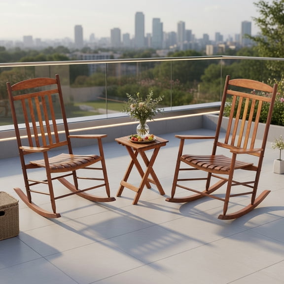 Kadyn 3-Piece Outdoor Rocking Bistro Set – Natural Poplar Wood Folding Table & Two Rocking Chairs for Patio, Porch, Balcony