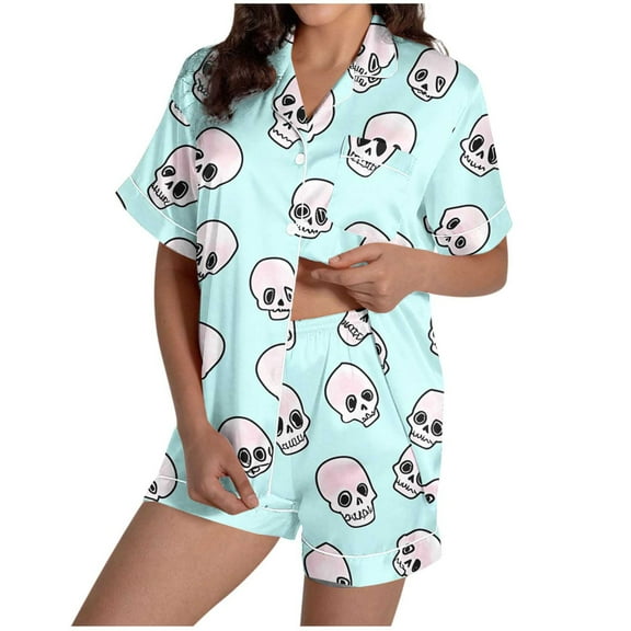 Tnhcen Women's Halloween Cute Printed Short Sleeve Collared Pajama Set Comfortable Loungewear Soft Sleepwear S-2XL Light Blue