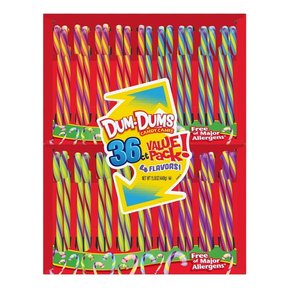 Dum Dums Assorted Flavors Christmas Holiday Candy Canes Stocking Stuffers, Individually Wrapped Treats, 36 Count