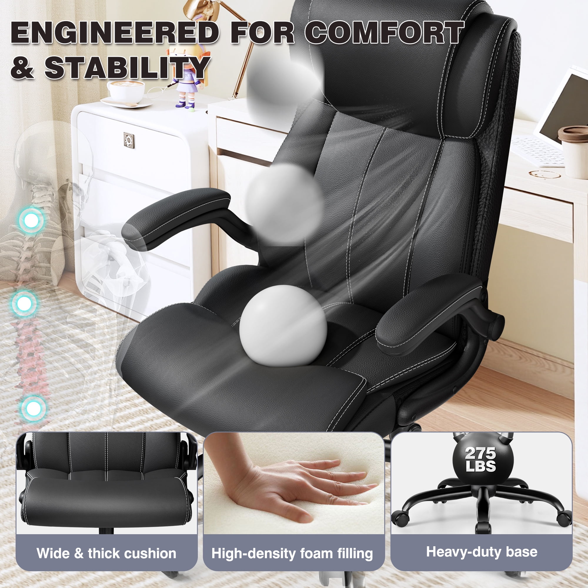 Primy Ergonomic Office Chair with Adjustable Air Lumbar, Home Desk Computer Chair, Leather High-Back Executive Chairs with Flip-Up Arms, Rocking Swivel Comfort