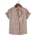 thumbnail image 3 of OGLCCG Womens Plaid Ruffle V Neck Button Down Shirts Casual Short Sleeve Gingham Trendy Tops Loose Fit Work Checkered Shirt,XL,Coffee, 3 of 8