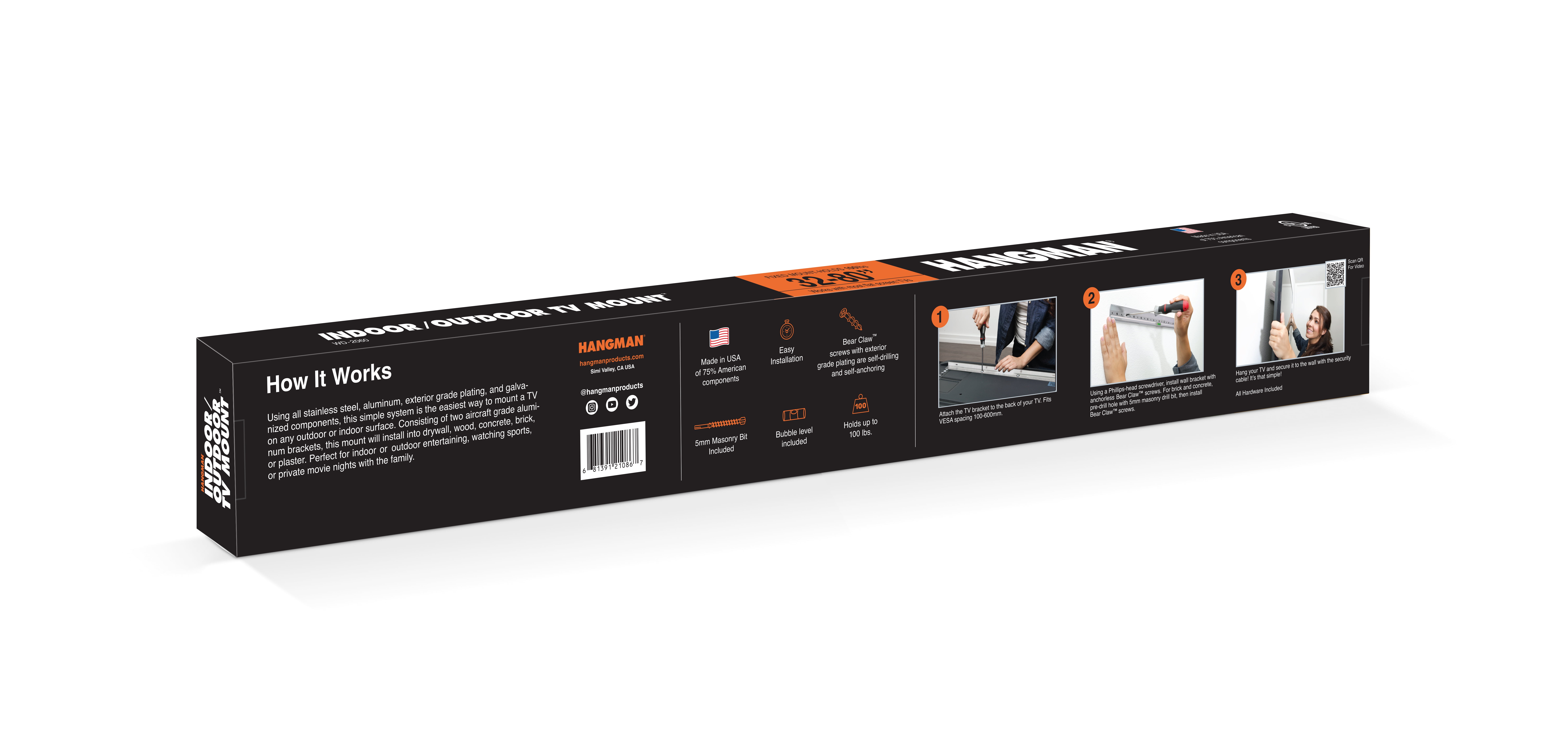 Hangman Indoor Outdoor TV Mount - Fits TVs 32"-80"  - Holds 100 lbs. - All Surface - No Studs, No Anchors Required