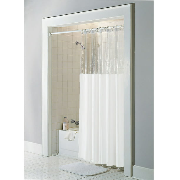 White Vinyl Windowed Shower Curtain, Hookless Shower Curtain Liner Extra Long