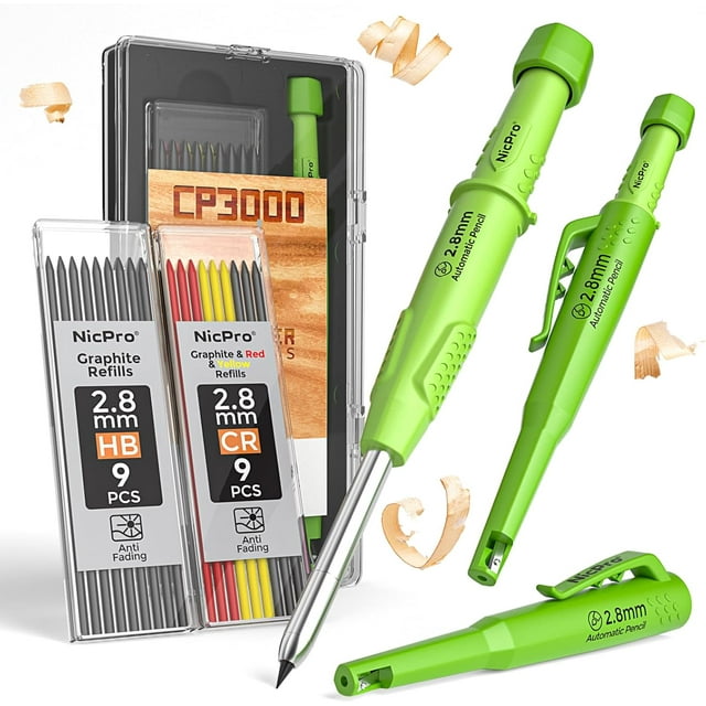 wqlpp-CP3000 Crayon de Charpentier avec Taille-Crayon, Ensemble de Crayons Mécaniques avec 19 Recharges, Marqueur à Trous Profonds pour Construction, Crayons de Menuiserie Robustes, Outils de Charpentier pour Marquage d'Architecte (Vert)