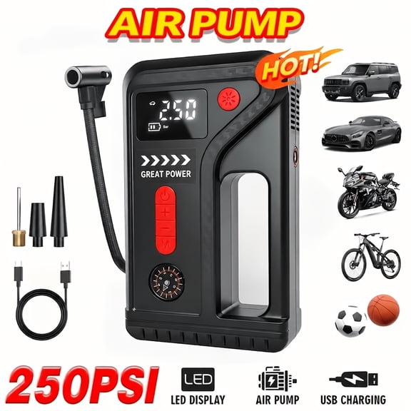 Portable Tire Inflator, 250PSI Cordless Air Pump with Digital LED Display, 8600mAh Rechargeable Battery & Auto Shut-Off, Fast Inflation for Car, SUV, Motorcycle, Bike & Sports Balls