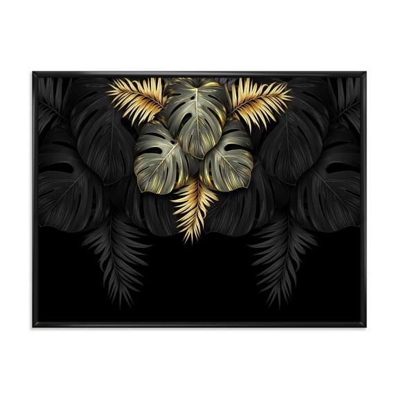 Designart 'Gold and Black Tropical Leaves IV' Modern Framed Canvas Wall Art Print
