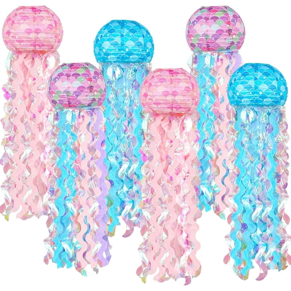 6 Packs Mermaid Hanging Jellyfish Paper Lanterns Set, Blue Under The Sea Mermaid Party Decorations for Ocean Party Decorations Jellyfish Decor Girls Birthday Decors Baby Shower