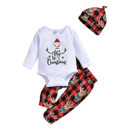 

Beiwei Boys Casual Elastic Waist Romper Set Plaid Cute 3Pcs Outfit Suit Newborn Christmas Print Photograph Jumpsuit Top+Pants+Hat Style D 90 (6-9M)