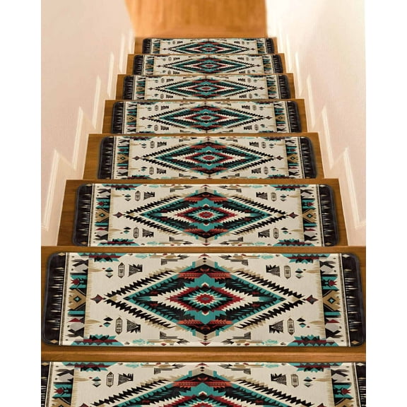 Boho Red Teal Brown Stair Treads for Wooden Steps Indoor Runner Rug Carpet, Southwestern Country Geometric 15 Pieces Peel and Stick Staircase Step Treads Covers Washable Throw Door Mats, 30"x8"
