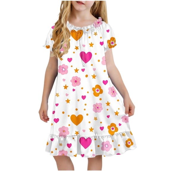 HAOTAGS Girls Casual Dress, Puff Short Sleeve Summer Flowy Ruffles Cute Prints Kids Sleepwear Dress Multicolor Size 8