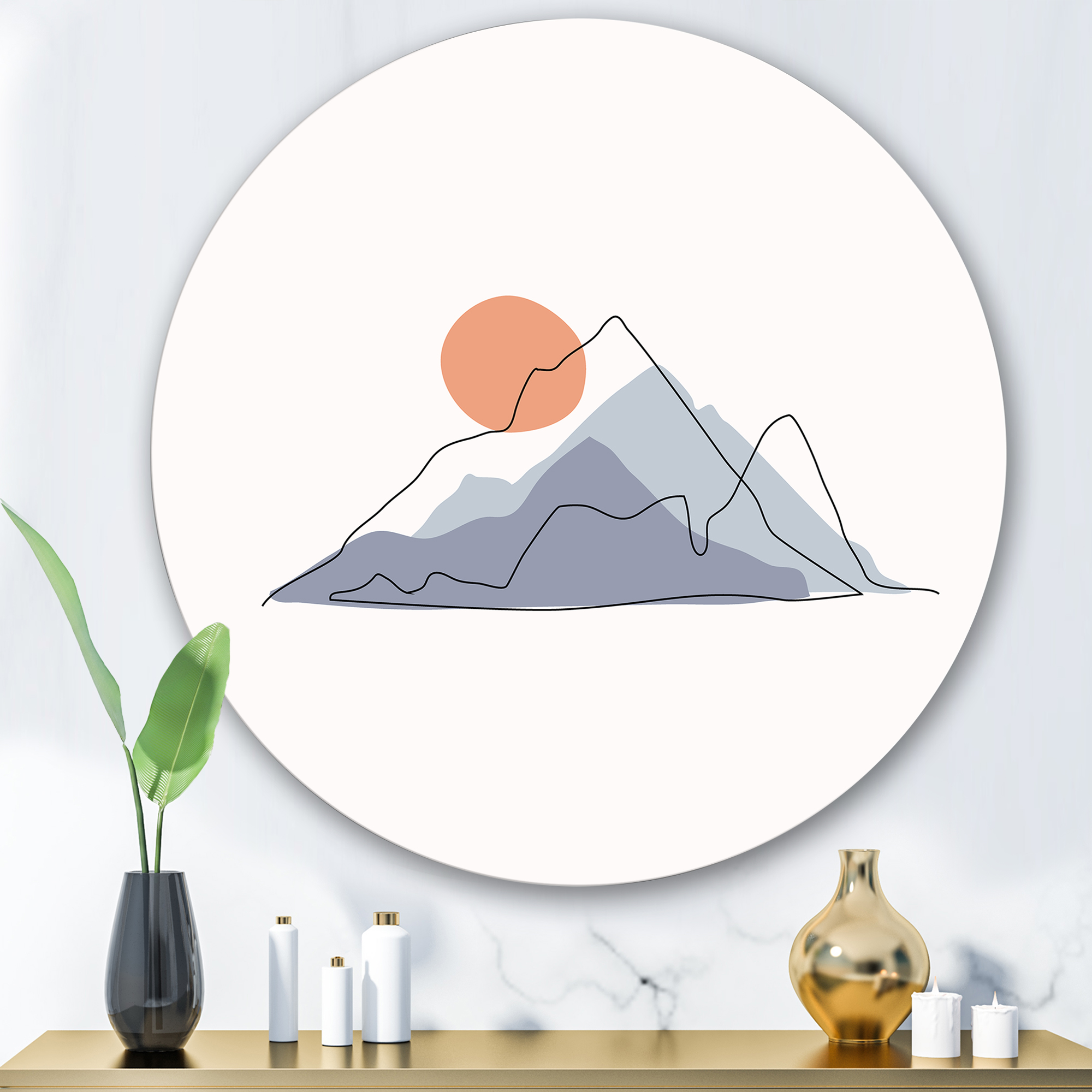 Designart 'Abstract Red Moon With Mountainscape' Modern Circle Metal Wall Art 36x36 - Disc of 36