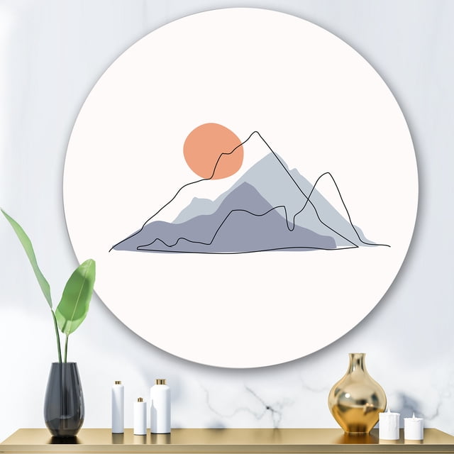 Designart - Abstract Mountainscape With Red Moon - Modern Metal Circle Wall Art